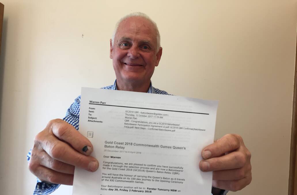 Warren with his acceptance letter informing him he would be a baton bearer in the 2018 Commonwealth Games Queen's Baton Relay 