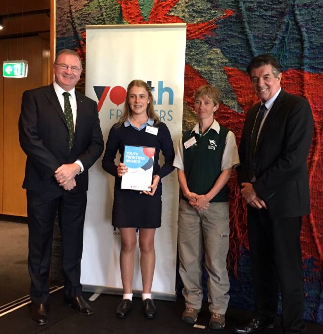 Minister for Volunteering, The Hon Ray Williams with Georgia Hudson from Wingham High School and member for Myall Lakes Stephen Bromhead at the award presentation.