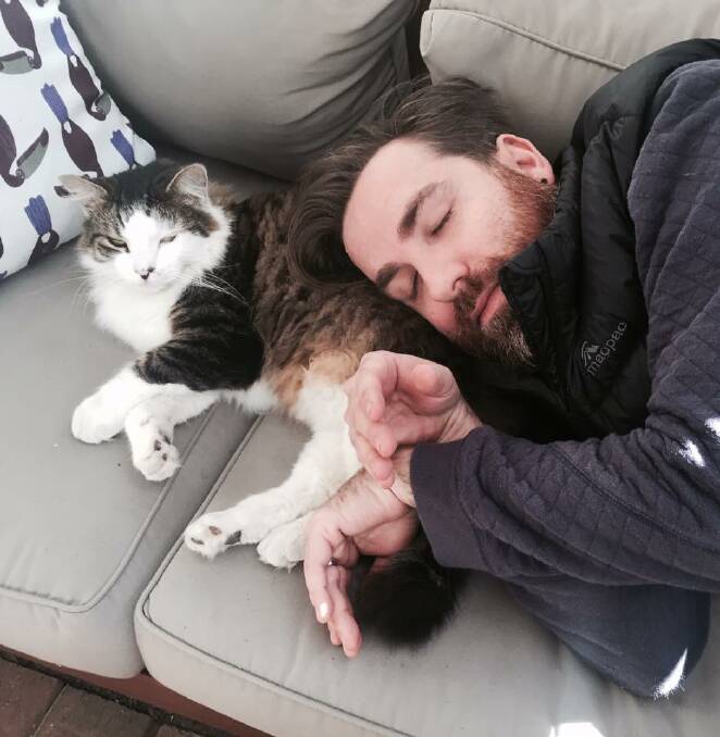 Josh Pyke and his cat: Just enjoying a cat nap with my old friend Atticus ahead of the Victorian shows!", he wrote on his Facebook page.