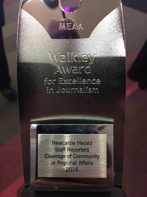 The Newcastle Herald's Walkley Award for Excellence in Journalism. Picture: Matt Carr