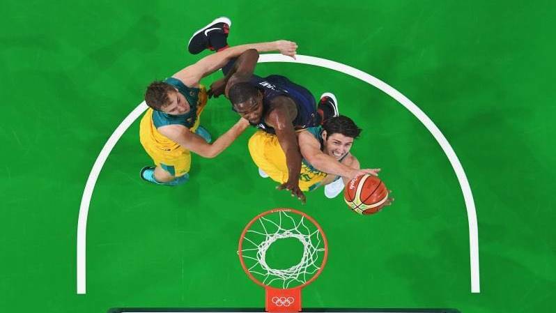 Damian at the hoop during his brief time on the court against the USA Dream Team. Australian proving they are contenders for an Olympic medal. Picture: Supplied