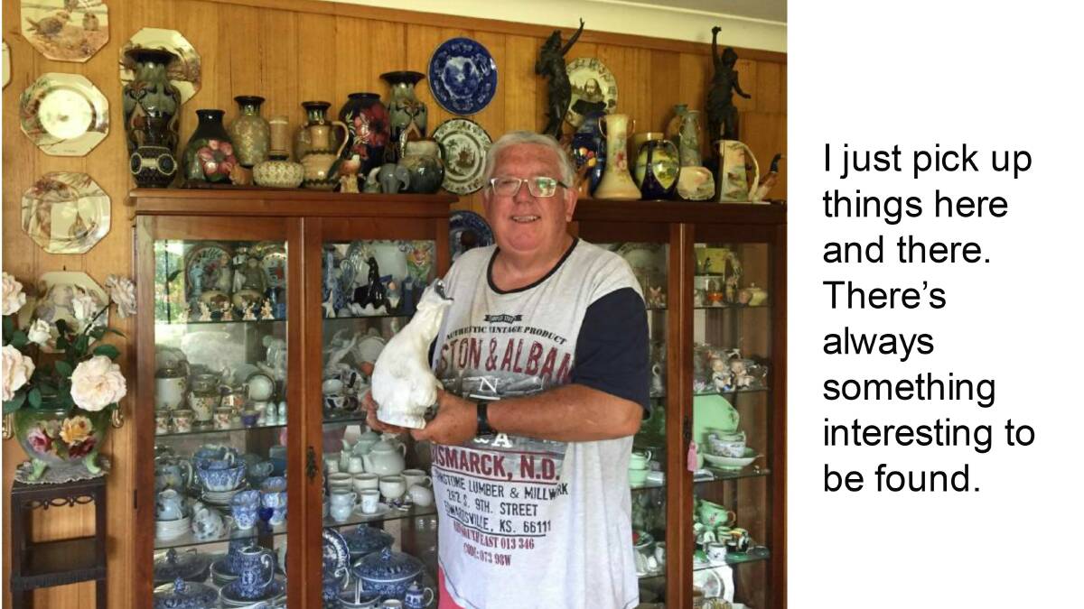 Manning Valley collector Rex in front of some of his extensive collections and holding a Royal Copenhagen porcelain bear from Denmark.  CLICK THE PHOTO TO TAKE YOU TO THE FULL STORY