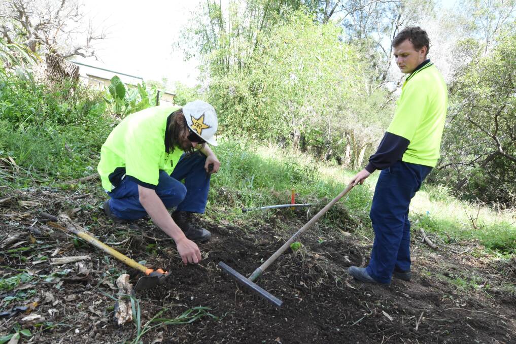 Work for the Dole team members Damian Stackman and Beau Lambert work to remove weeds.