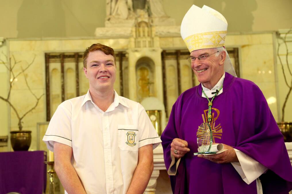 St Clare's High School student Anthony McMullen with Bishop Bill Wright.