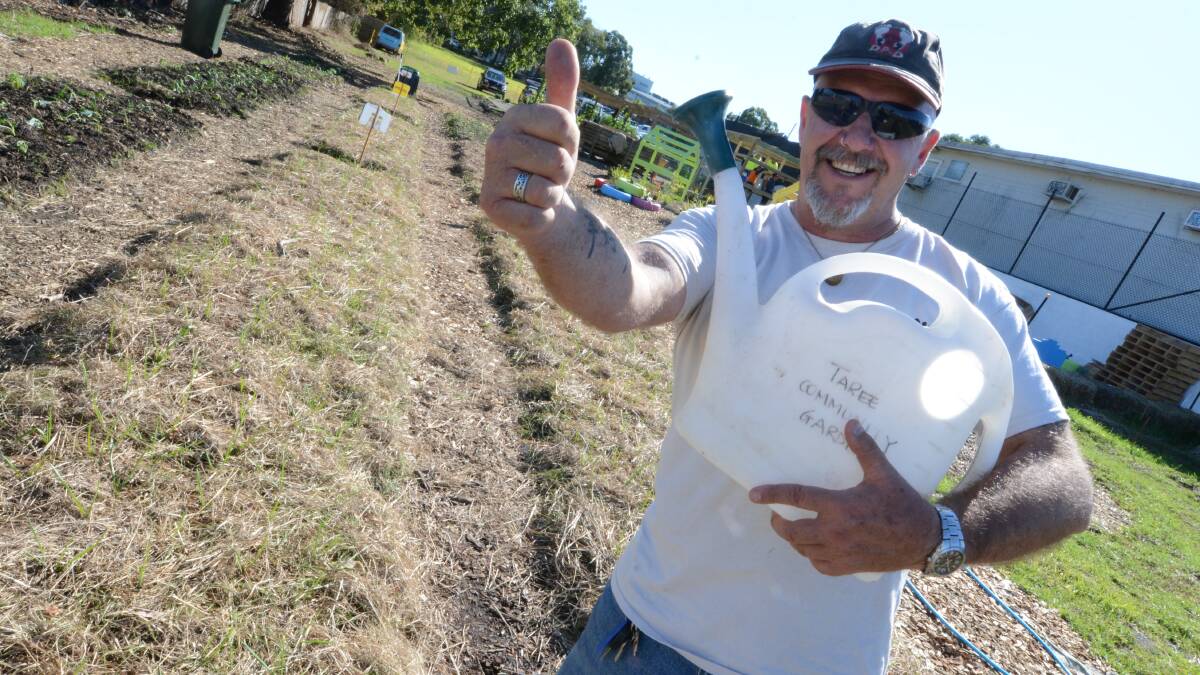 Thumbs up: Darren Harrison is happy with the growth of garlic in the new beds at Taree Community Garden.