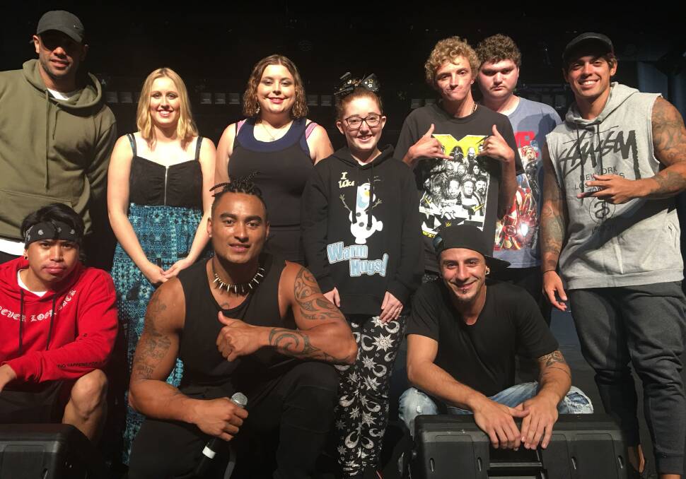 Unique experience: Justice Crew made time to talk with Mikayla, Tayla, Rhiannon, Matty and Callan (back row centre). Photo: James Cvetkovic.