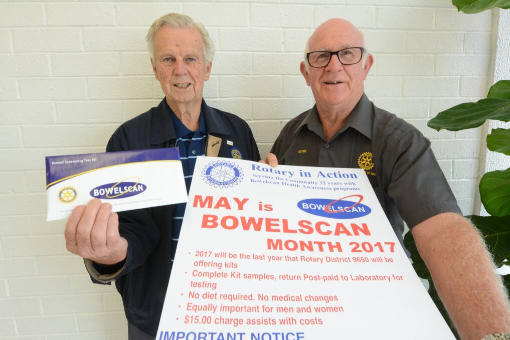 MAY 2017: Rotarians Max Carey and Kevin Sharp encouraged people to take part in the final Rotary Bowelscan program.