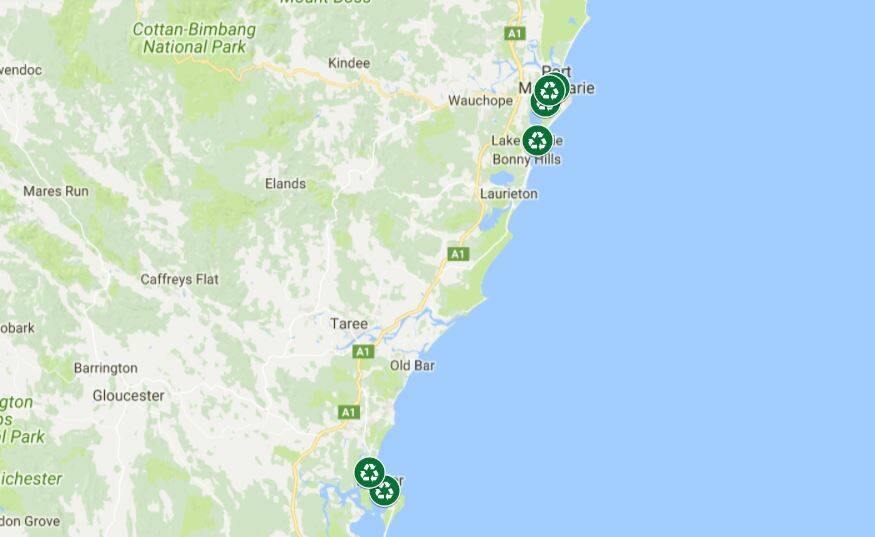 The MidCoast Council area is poorly served by the NSW government's Return and Earn container recycling scheme. The map reveals no sites in the Manning Valley and Gloucester areas of the local government area. Further north, Port Macquarie residents have access to four sites.