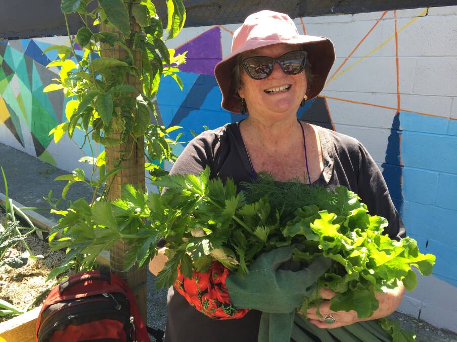 Fabulously fresh produce was gifted to Sue Finlayson of Cundletown for volunteering her time at the second Taree Community Garden working bee. Photo: Ainslee Dennis.