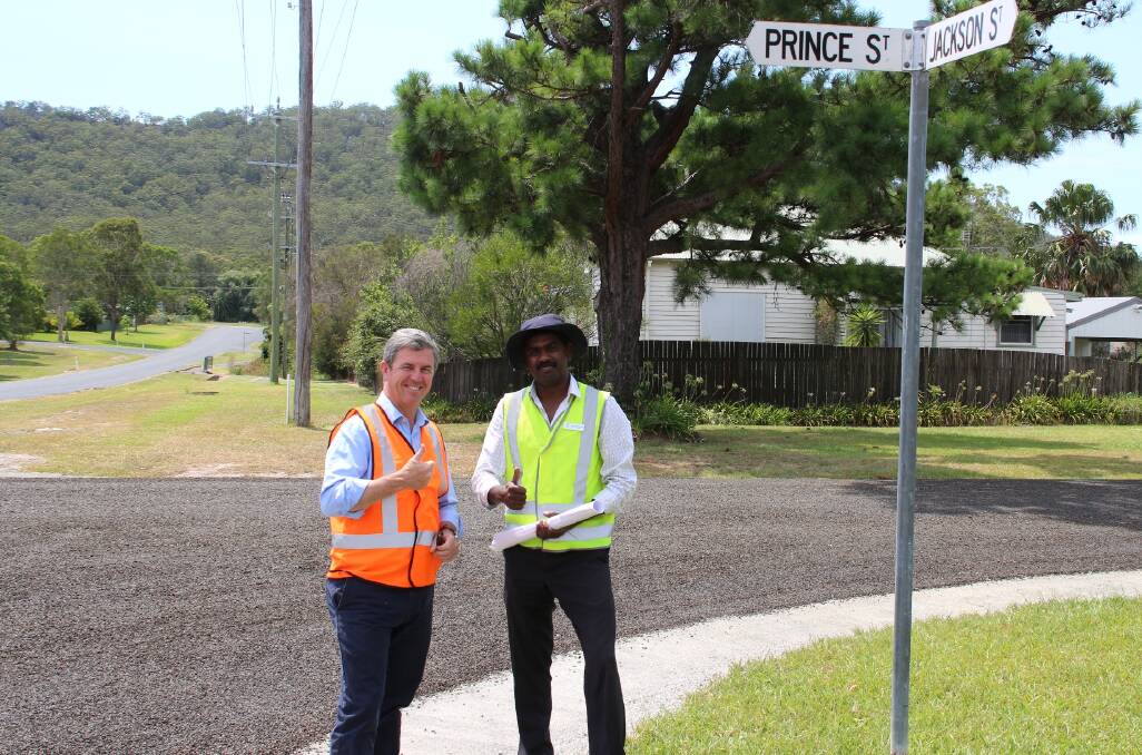 Mid Coast Council’s Senior Asset Engineer Gamini Weththasinghe inspects the works with Federal Member for Lyne Dr David Gillespie.