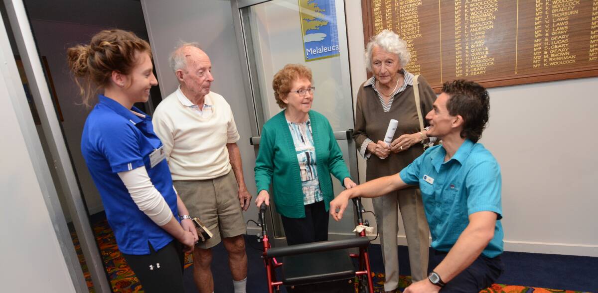 Stepping On: Manning Hospital physiotherapists Lauren Shultz and Rod Hyde-Page with  Bill Baxter, Shirley Bale and Yvonne Baxter. Photo: Scott Calvin