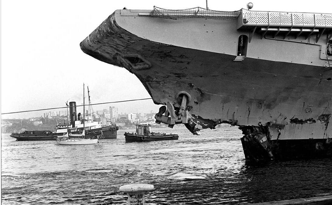 Tragic collision: the bow of HMAS Melbourne after the collision with HMAS Voyager. 