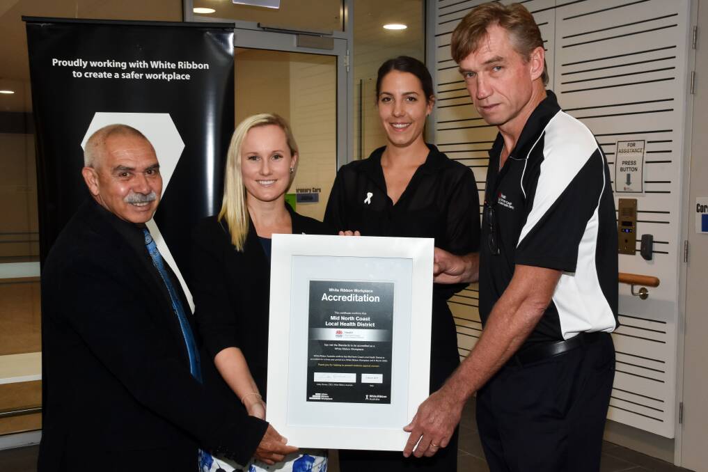 Port Macquarie obstetrician Dr Angela Jay (second from left) is now a White Ribbon advocate after being violently attacked by a former Tinder date.