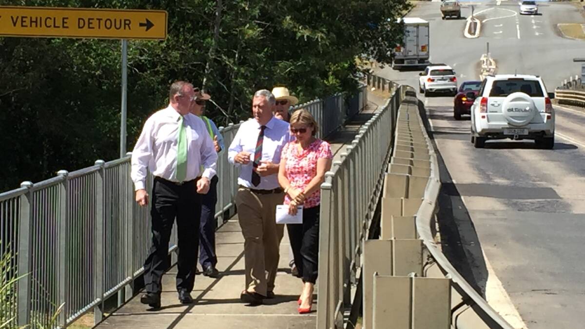 Member for Myall Lakes Stephen Bromhead with Minister for Roads,
Maritime and Freight Duncan Gay inspecting Cedar Party Creek Bridge in
December 2016. Photo: Sam Brownrigg