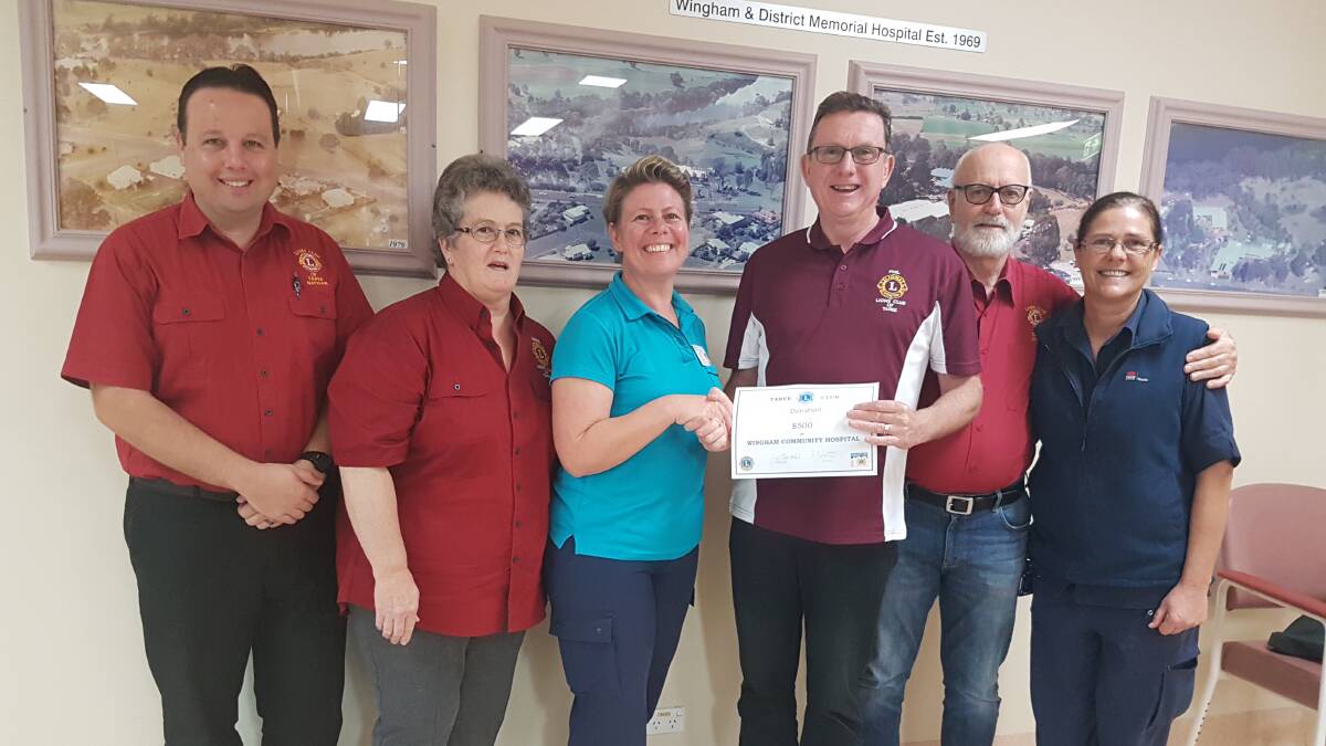 Lion Nathan Cooper (of Coopers Pharmacy, Wingham), Lion Lynne Mehaffey (Wingham), Leigh Searles (Acting Allied Health manager), Lion Phil (president), Lion Chris Warren (Treasurer), and Lisa  Cantwell (Wingham Hospital NUM).