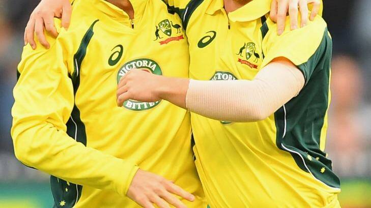 Little to smile about: Australian skipper Steve Smith and debutant Travis Head celebrate another wicket on the way to a 3-0 clean sweep against the Kiwis – a series that failed to attract large TV or live audiences.  Photo: Quinn Rooney
