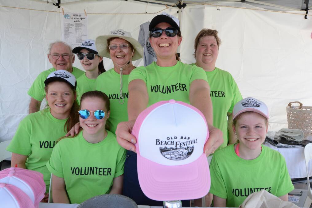Volunteer run: Around 80 volunteers fill crucial roles across the Old Bar Beach Festival. Les, Kath, Nicola, Cassie and Leigh Searles, Sevanna Matthews, Kiah Curtis and Emma Johnson.