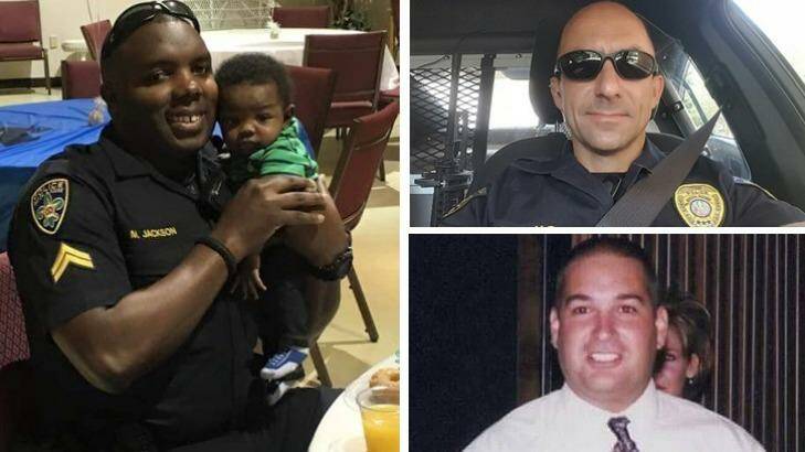 Baton Rouge police victims: (clockwise from left): Montrell Jackson with his son. Photo: Twitter/@BritniDWrites; Matthew Gerald. Photo: Twitter/@WAFB; East Baton Rouge Sheriff's Deputy Brad Garafola. Photo: Twitter/@TRex21 Photo: Social Media