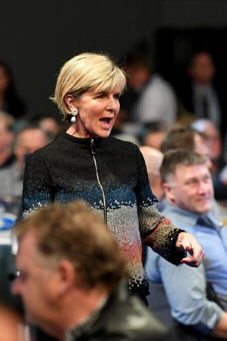 Minister for Foreign Affairs Julie Bishop attends the North Melbourne football club grand final breakfast, Saturday, September 30, 2017. The Richmond Tigers will take on the Adelaide Crows in the AFL grand final today. (AAP Image/Joe Castro) NO ARCHIVING