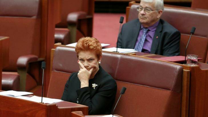 Pauline Hanson and two of her senators voted against Rod Culleton's motion. Photo: Alex Ellinghausen