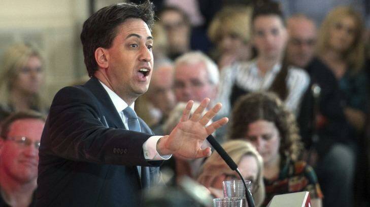 Labour Party leader Ed Miliband answers questions in The Wirral, England. Photo: PA