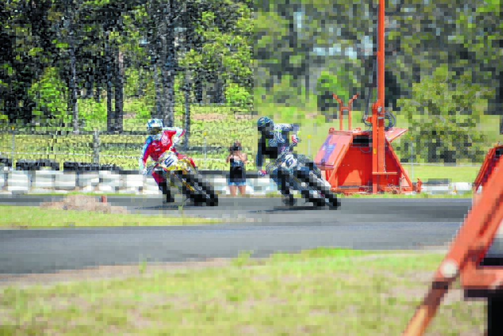 Americans Brad Baker (No 6) and Jake Johnson test the Old Bar Roadside Circuit for the first time yesterday. Both are expected to be among the front runners for tomorrow's Troy Bayliss Classic.