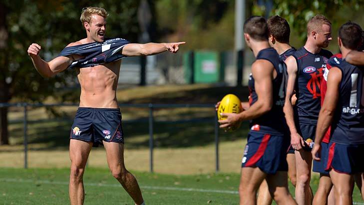 Good times: Jack Watts looks forward to his new understudy role at Melbourne training on Thursday. Photo: Joe Armao