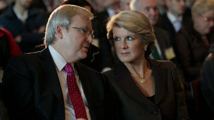 Kevin Rudd and Julie Bishop in 2011. Ms Bishop says the government will consider supporting Mr Rudd's bid to become UN Secretary-General if he nominates. Photo: Alex Ellinghausen / Fairfax
