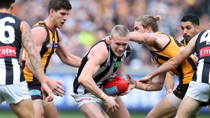 Jack Frost emerges from a pack when the Magpies played the Hawks in round 14 in June. Photo: Pat Scala