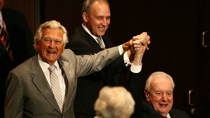 Former prime ministers Bob Hawke, Paul Keating and Gough Whitlam in 2007.   Photo: Paul Harris