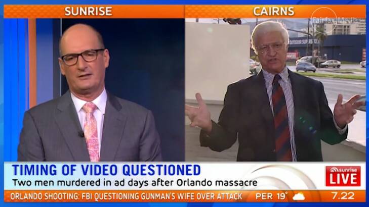<i>Sunrise</i> co-host host David Koch clashes with Bob Katter over an election campaign ad about guns. Photo: Screenshot