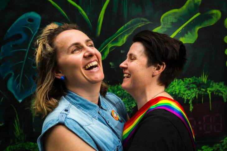 15/11/17 SEXPOL Zoe McDonald and Katie Larsen celebrate the Yes vote in the Same Sex survey at the State Library, Melbourne. Photograph by Chris Hopkins
