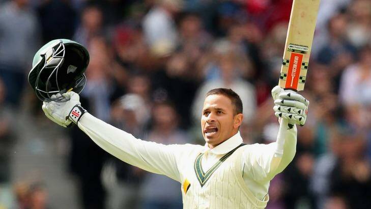 Usman Khawaja celebrates making a century during day one of the second Test between Australia and the West Indies at the MCG on Boxing Day last year. Photo: Quinn Rooney
