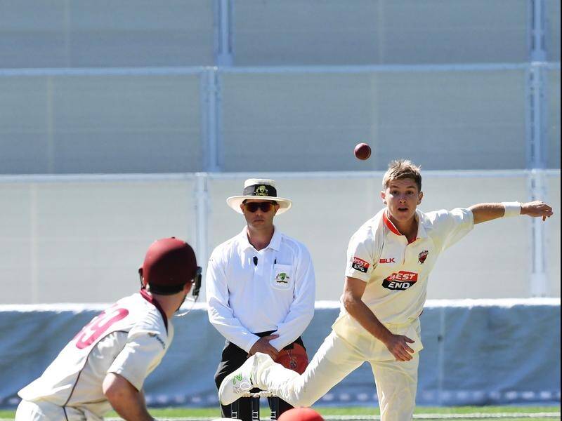 Adam Zampa bowls to Queensland's Jamie Peirson at the Adelaide Oval.