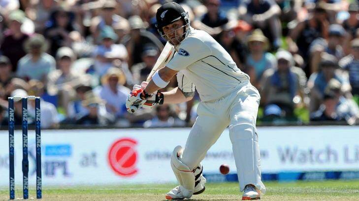Dispatched: Brendon McCullum launches into a  Mitchell Marsh delivery. Photo: SNPA