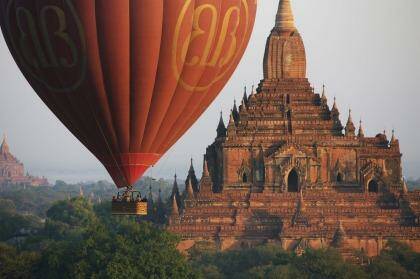 Hot air balloons fly over Bagan.
