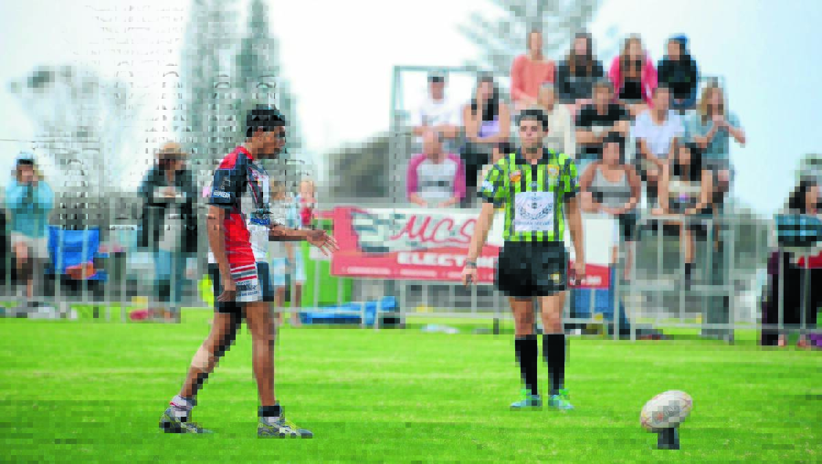 Referee Zac Schembri watches as Old Bar's Aden Avery lines up a conversion during the final played at Old Bar last year. Schembri, who controlled the 2013 grand final, will be lost to Group Three this year.