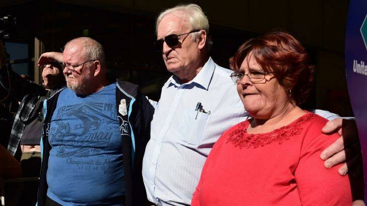 Ashley Kennedy, Blacktown councillor Tony Bleasdale and Peta Kennedy at the SBS protest on Wednesday.   Photo: Nick Moir