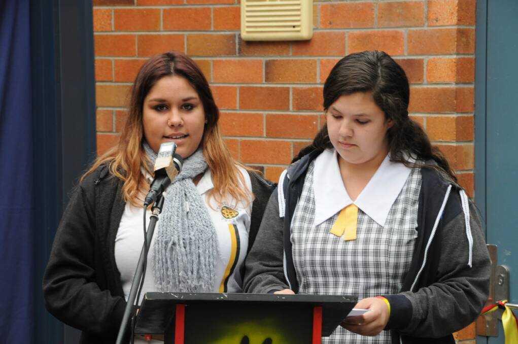 Jameela Cochrane and Kyeesha Clark speaking at the opening of Taree High's new 'Koori room'.