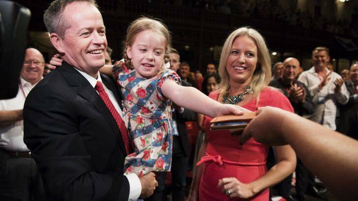 Bill Shorten, his daughter Clementine and wife Chloe at the NSW Labor conference at the Sydney Town Hall. Photo: James Brickwood