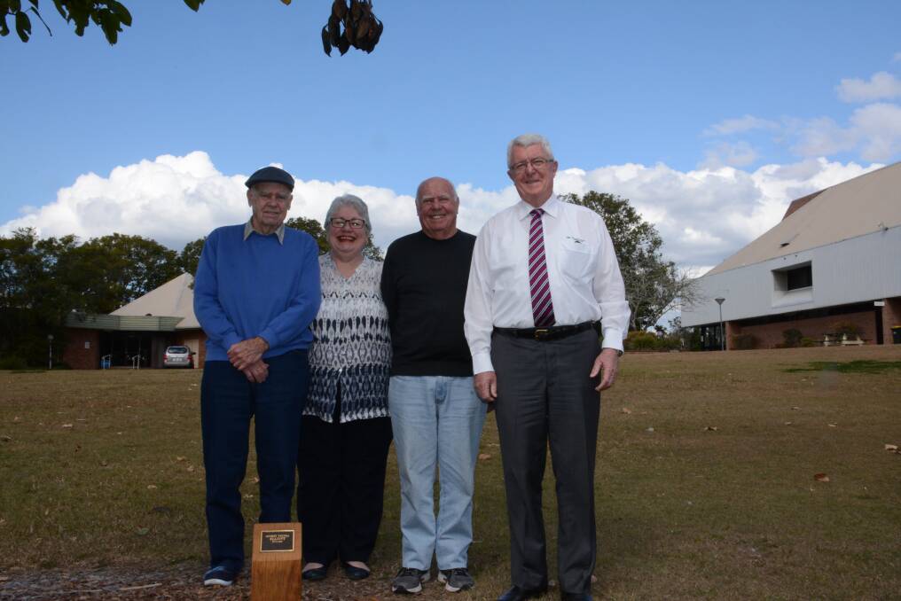 Richard Wagner, councillor Jenkins, Peter Wagner and mayor Paul Hogan with Audrey Elliot's plaque.