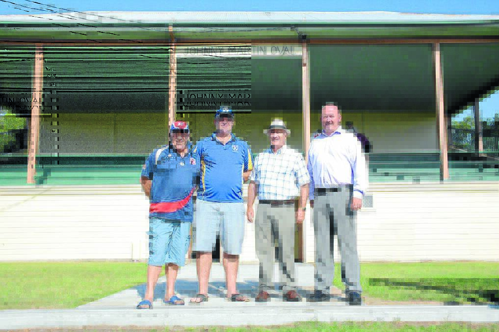 Johnny Martin s eldest son, Craig, Manning Cricket president David Burley and councillors Alan Tickle and Brad Christensen at the opening of improvements at Taree Park/Johnny Martin Oval.