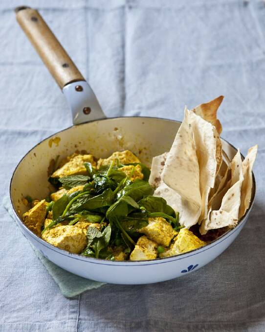 Jill Dupleix's scrambled curried tofu with spinach and peas <a href="http://www.goodfood.com.au/good-food/cook/recipe/scrambled-curried-tofu-with-spinach-and-peas-20130604-2nmyh.html"><b>(RECIPE HERE).</b></a> Photo: Marina Oliphant