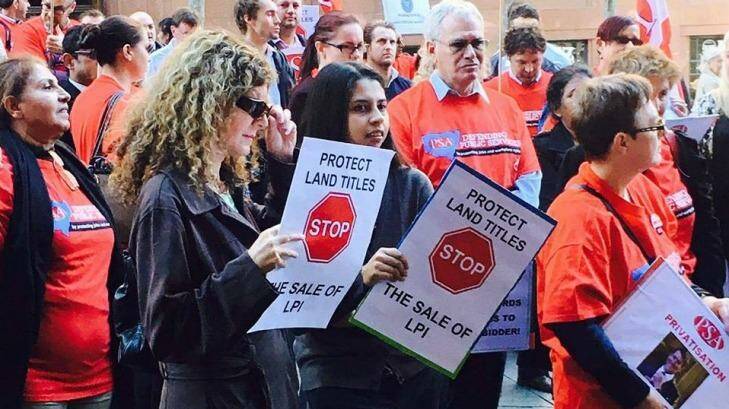 Staff at NSW's Land and Property Information protested against the government's privatisation plans in June. Photo: Public Service Association