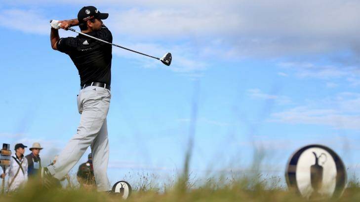 Australian golfer Jason Day tees off on the 15th hole during the third round of the Open at St Andrews on Sunday. Photo: Matthew Lewis