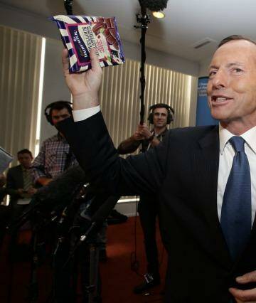 Tony Abbott, then opposition leader, at the Cadbury factory in Hobart during the 2013 election. Photo: Alex Ellinghausen