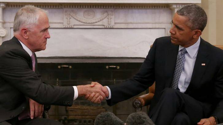 Prime Minister Malcolm Turnbull meets with President of the United States Barack Obama in the Oval office of the White House. Photo: Alex Ellinghausen