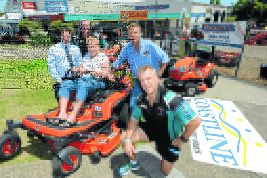Jeff Haisell (left) from Coastline Credit, Taree City president Mal Dixon, treasurer Helen Jacklin, Grant Johnston from Chelmsford Farm Supplies and Taree City coach Gary Bridge with the club's new ride-on mower.