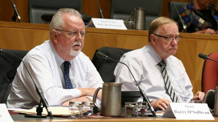 Senators Barry O'Sullivan and Ian Macdonald during an estimates hearing at Parliament House in Canberra on Tuesday 9 February 2016. Photo: Alex Ellinghausen