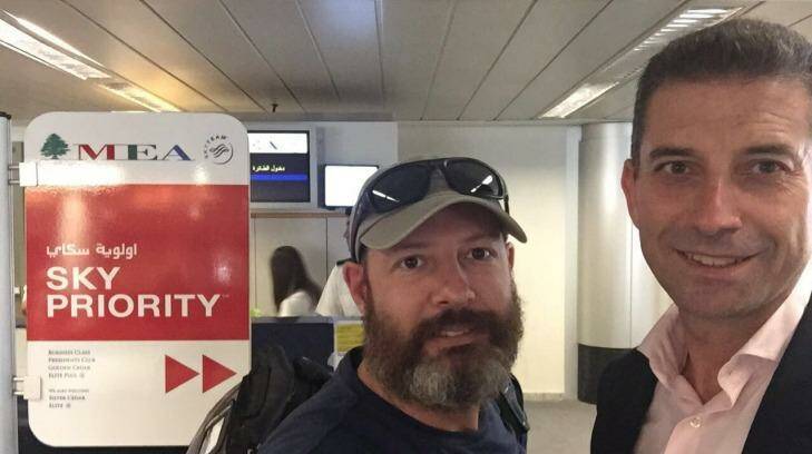 Adam Whittington (left) at Beirut airport with his lawyer Joe Karam as he prepared to fly out of Lebanon. Photo: Supplied